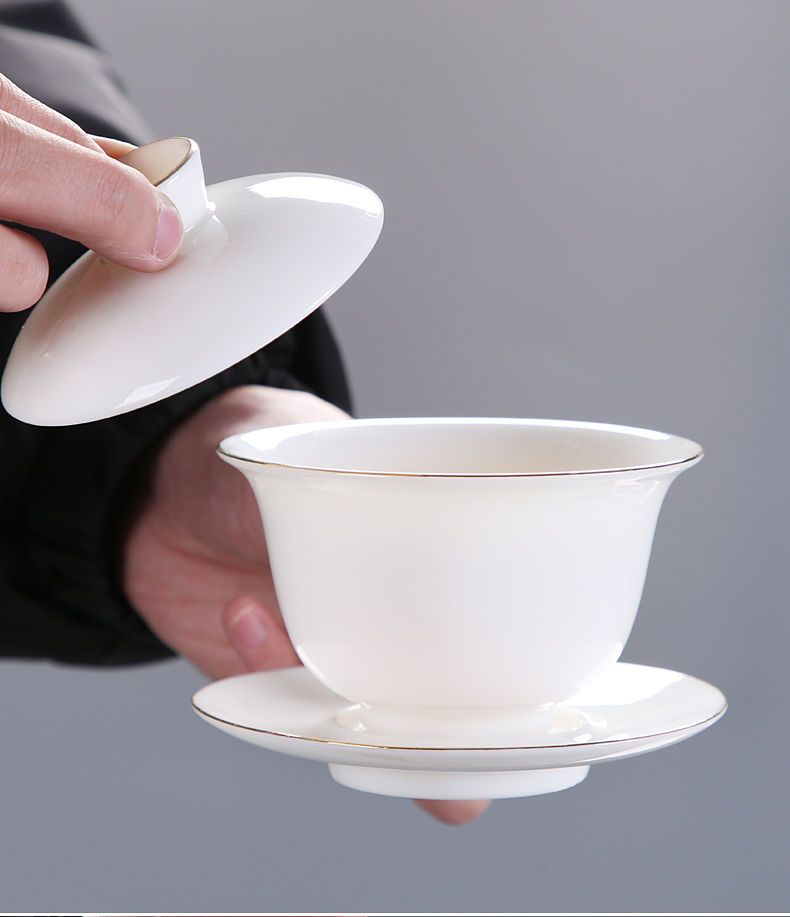 德化陶瓷羊脂玉盖碗冰种玉瓷茶具纯色描金款三才陶瓷高档茶碗功夫