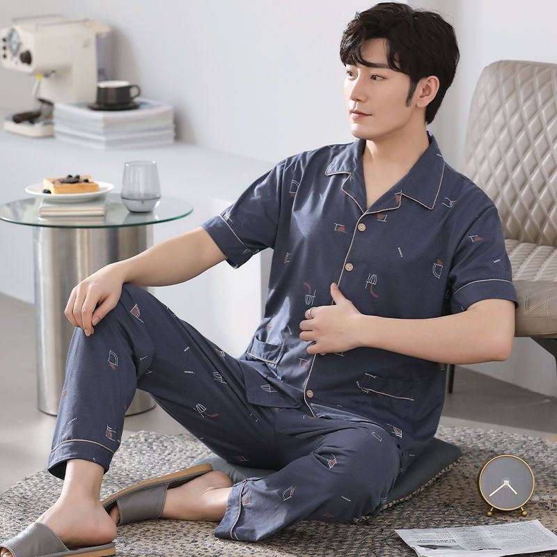 Pure cotton pajamas men's summer thin section short-sleeved trousers plus fat plus size middle-aged loose casual home clothes that can be worn outside