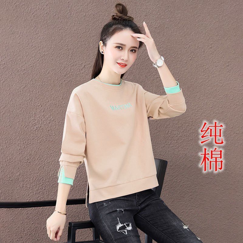 啄木鳥純棉假兩件圓領衛衣女2022早春新款字母繡花薄款上衣女休閒