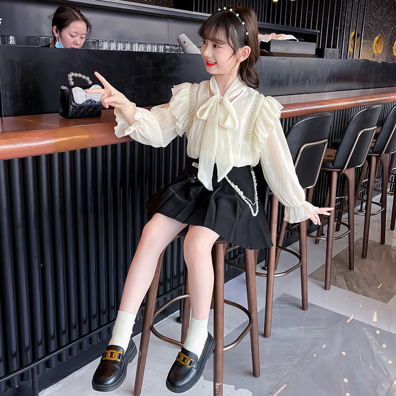 Girls' suit spring and autumn 2022 new Korean version of foreign style chiffon shirt skirt children's casual wear two-piece children's clothing