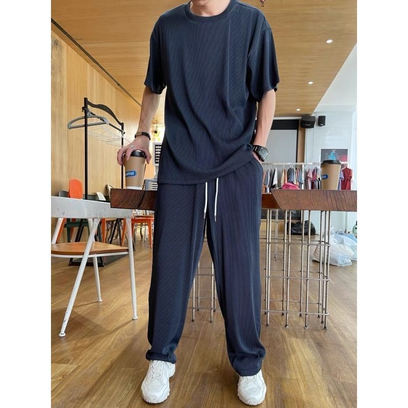 Summer thin loose large size elastic ice silky drape short-sleeved trousers casual two-piece men's singles/suits