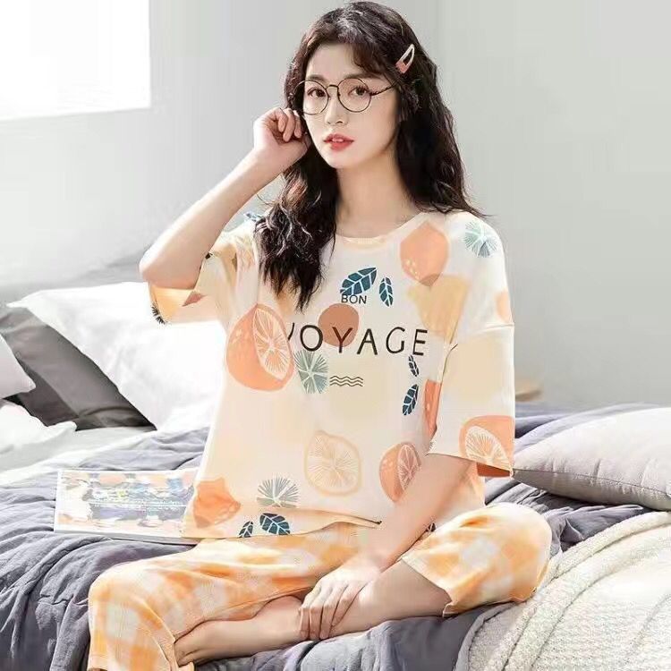 Pajamas women's summer new loose plus size sesame cartoon printing cute short-sleeved suit home clothes can be worn outside