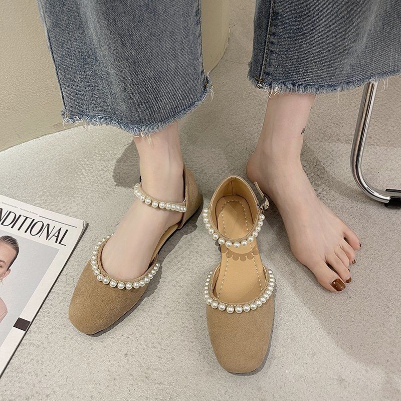 Fairy style pearl sandals for women, sweet Baotou measurement and control one-word buckle single shoes gentle with skirt bag heel evening shoes