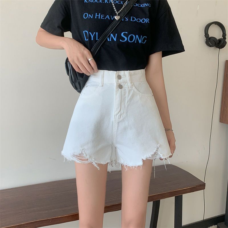 白色高腰牛仔短褲女春夏破洞闊腿年新款寬鬆顯瘦網紅a字熱褲