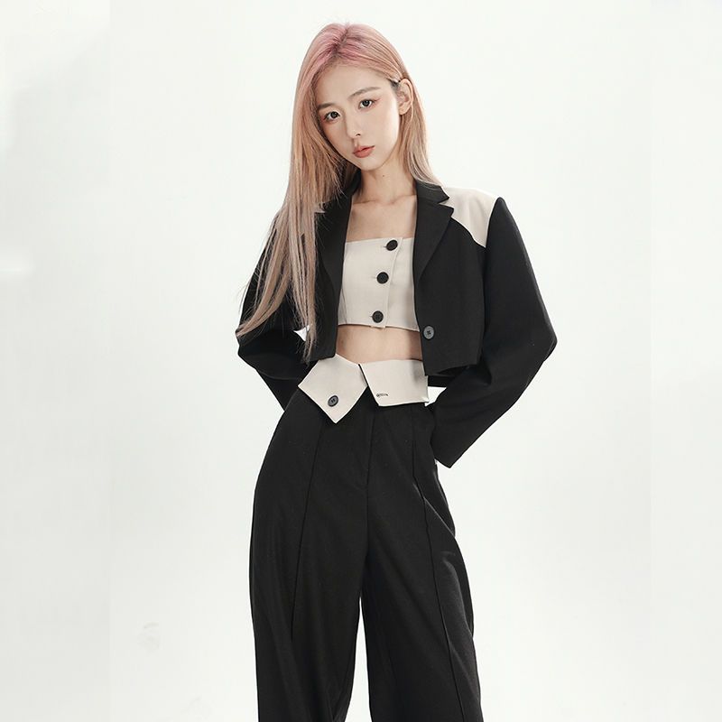 Three piece spring and summer new Strapless splicing short suit + high waist irregular casual and versatile wide leg suit