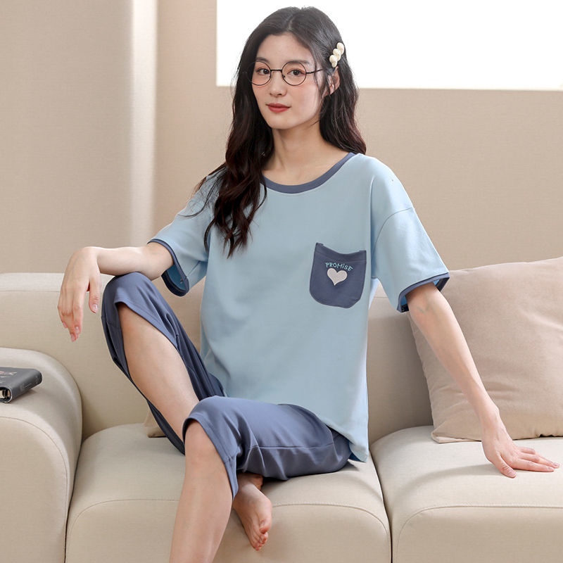 100% cotton pajamas women's summer short-sleeved cropped pants suit loose large size shorts can be worn outside casual home clothes