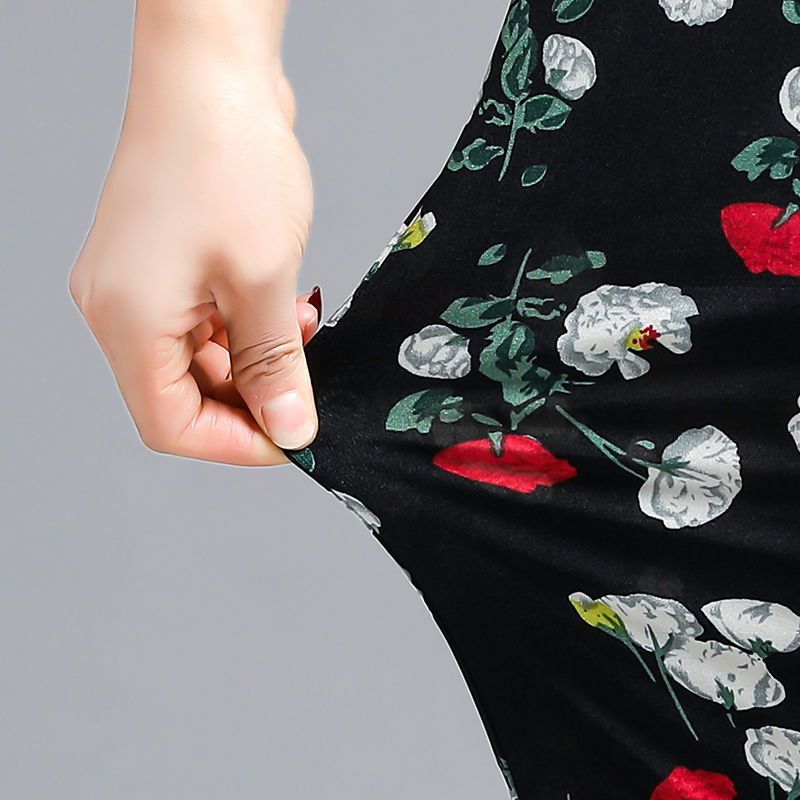 Summer middle-aged and elderly women's pants casual pants high waist elastic flowered pants mother flowered pants middle-aged women's Pants Large flowered pants