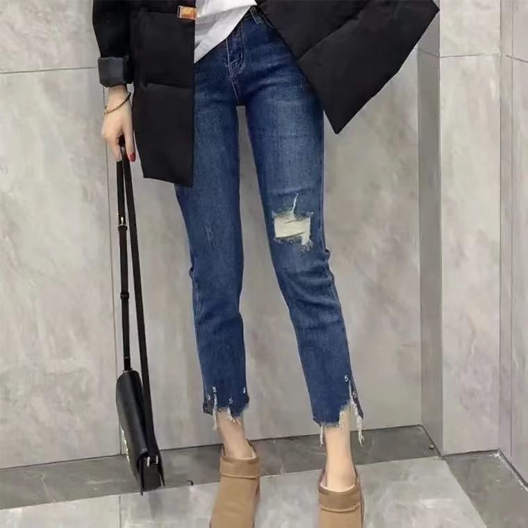 高腰直筒牛仔褲女九分褲2022年春季新款韓版顯瘦破洞顯瘦大碼褲子