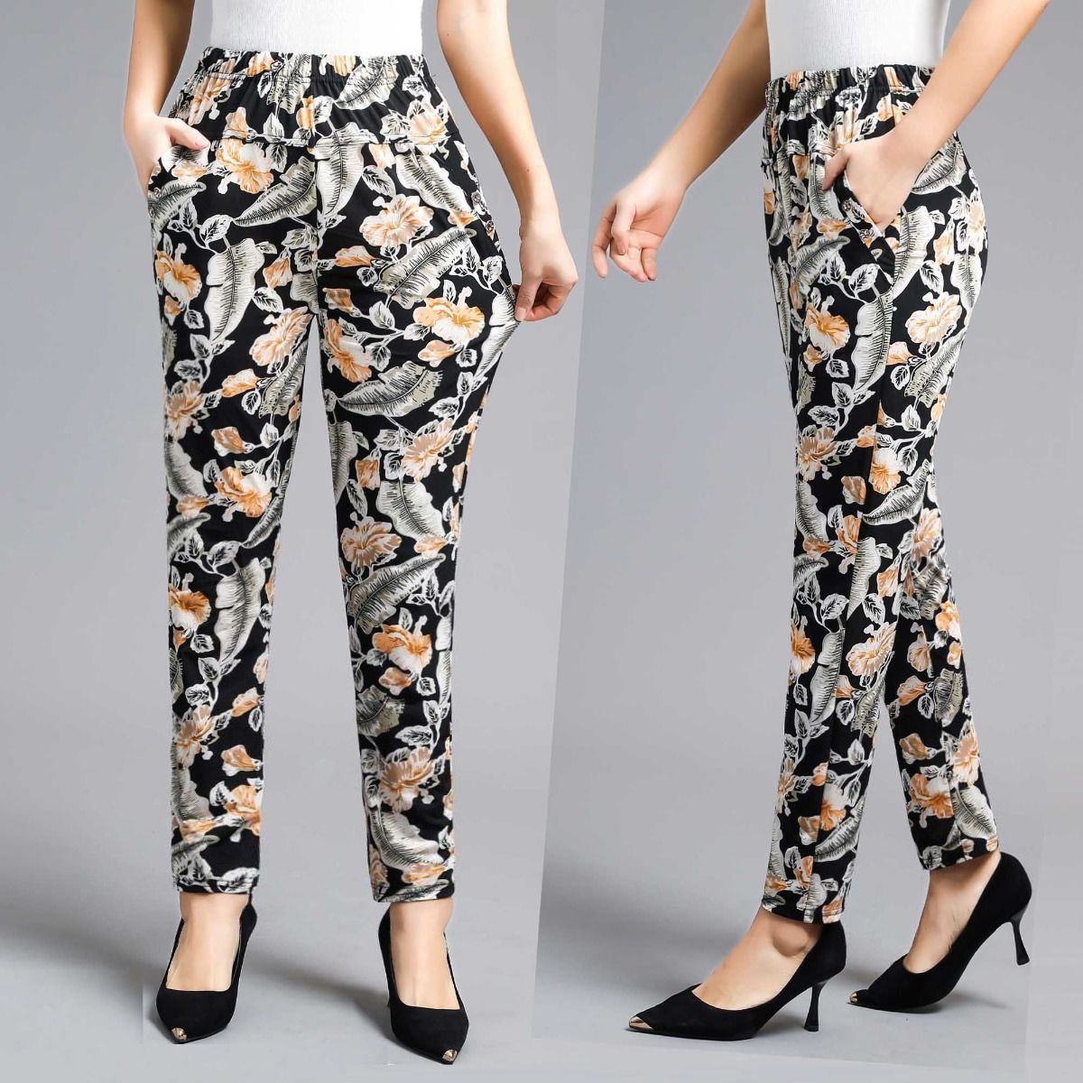 Summer middle-aged and elderly women's pants casual pants high waist elastic flowered pants mother flowered pants middle-aged women's Pants Large flowered pants
