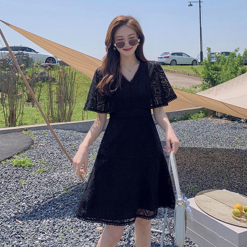 蕾絲連衣裙大碼胖mm遮肚顯瘦遮肉a字裙夏法式宴會氣質小晚禮服女