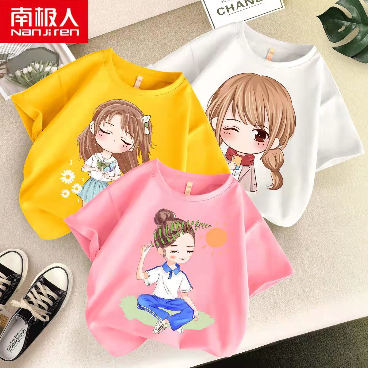 Nanjiren 100% cotton girls' short-sleeved T-shirt foreign style summer dress Korean version of large, medium and small children's tops bottoming shirt tide t