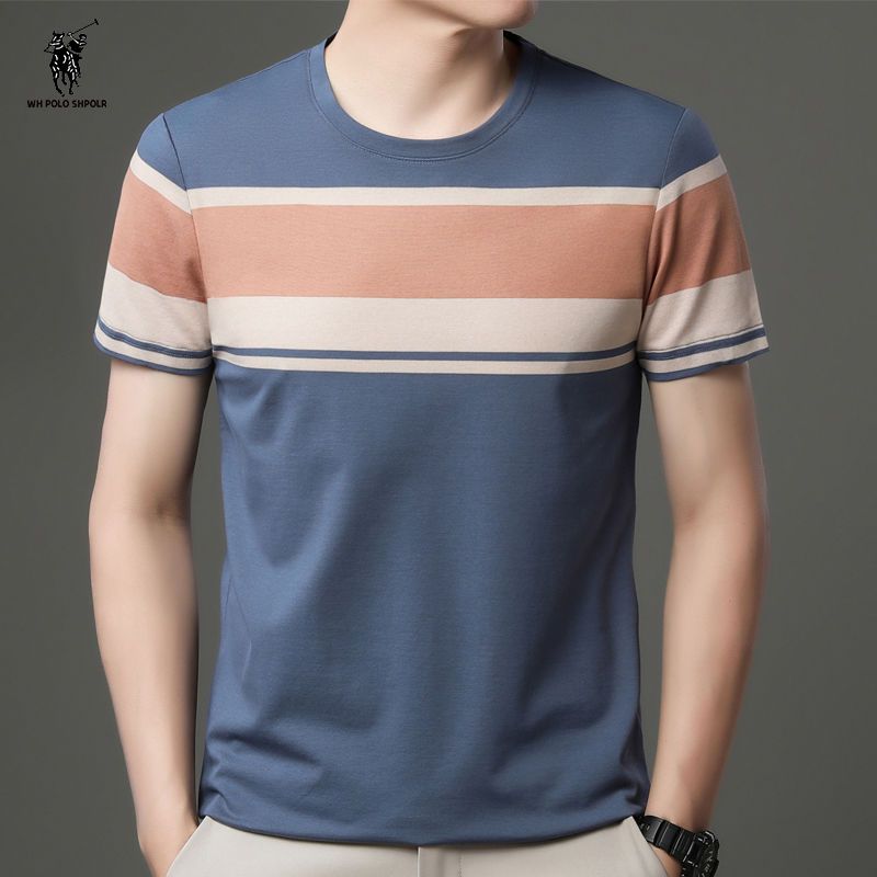 wh polo sport 短袖t恤男纯棉2022新款夏季上衣服条纹圆领体恤衫