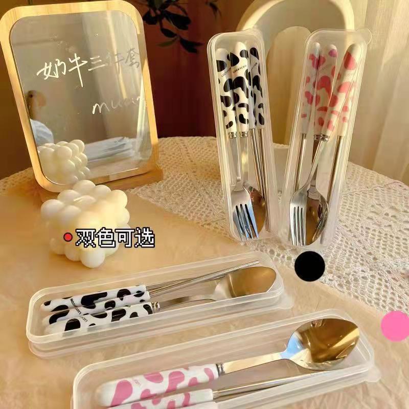 Ins cute stainless steel chopsticks spoon fork set student office worker portable tableware storage box three piece set