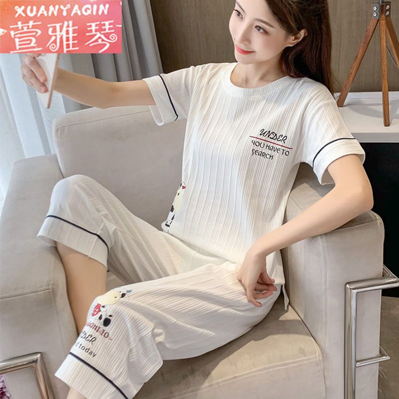 Pajamas women's summer new short-sleeved cropped pants sweet student dormitory loose version ladies large size home service suit