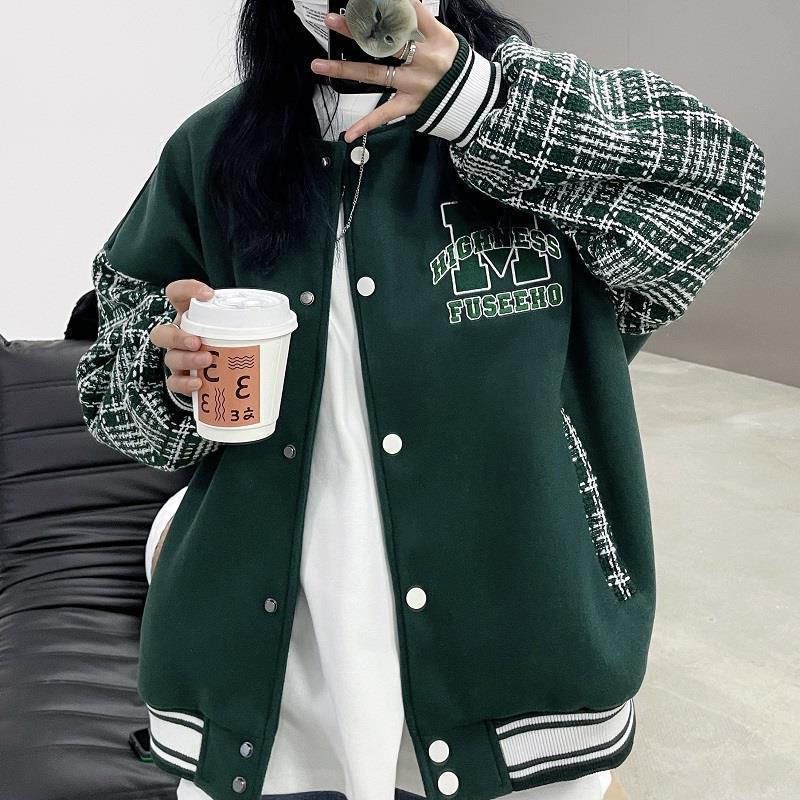  autumn new Korean style splicing plaid stand collar baseball jacket jacket female student all-match workwear top