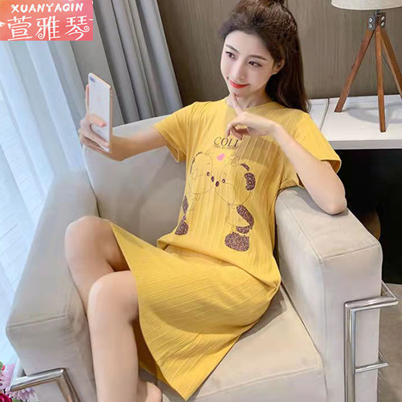Nightdress women's summer new 100% double-sided solid color short-sleeved simple and fresh student loose plus-size one-piece dress