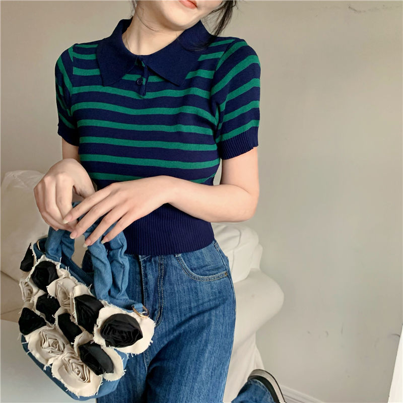 Short sleeve T-shirt spring new women's  foreign style age reduction coat Joker striped knitted bottoming shirt shirt