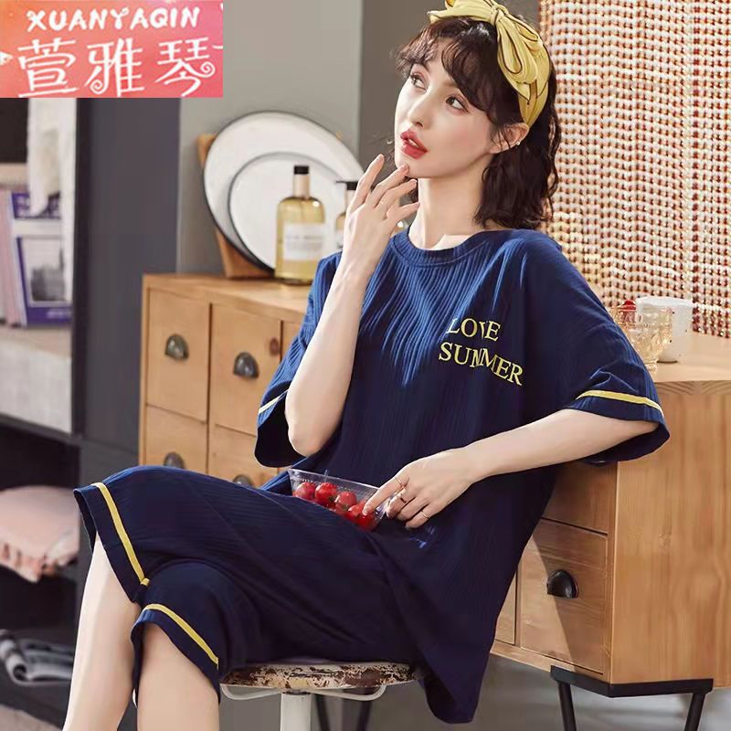 Pajamas women's summer new short-sleeved cropped pants sweet student dormitory loose version ladies large size home service suit