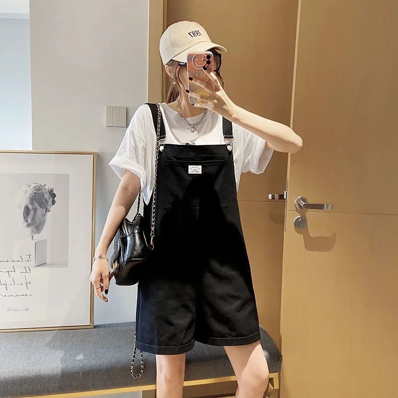 2022 summer new suspenders women's Korean version loose and versatile straight simple Wide Leg Denim Shorts Japanese small fashion