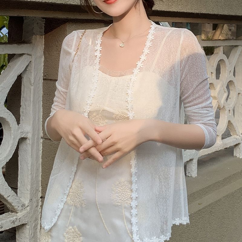 春夏新款防曬衣女雪紡披肩蕾絲花邊薄外套海邊裙子外搭氣質上衣女