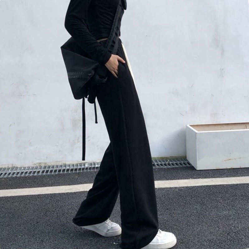 Black vertical straight-leg pants for women, high-waisted spring and autumn loose floor-length trousers, wide-leg slimming nine-point casual sports pants