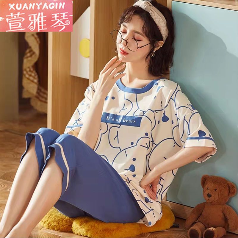 Pajamas women's summer new short-sleeved cropped pants sweet student dormitory loose version ladies large size home service suit