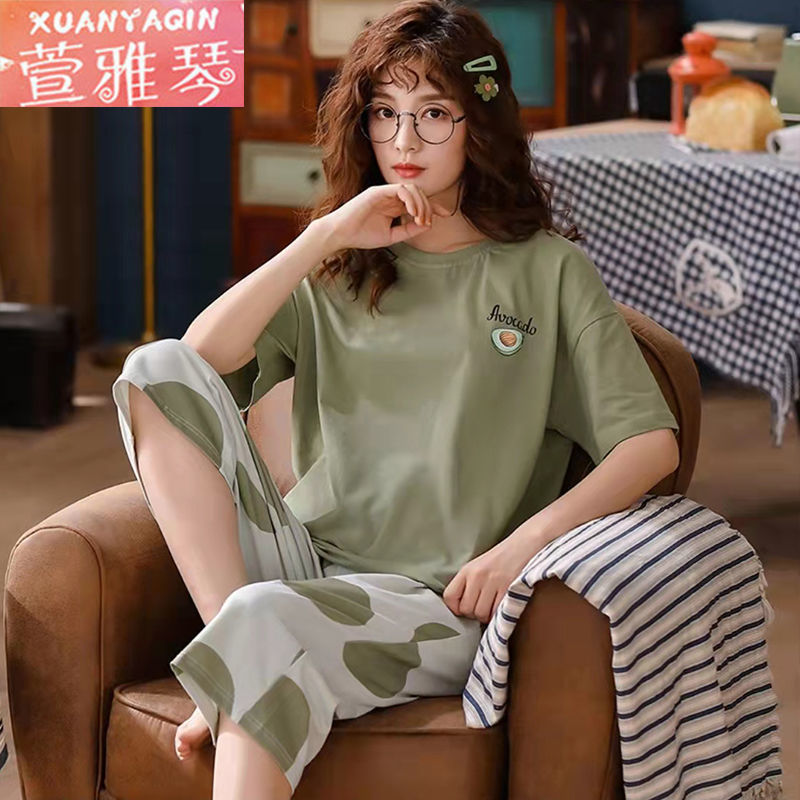 Pajamas women's summer new short-sleeved cropped pants sweet student dormitory loose version ladies large size home service suit