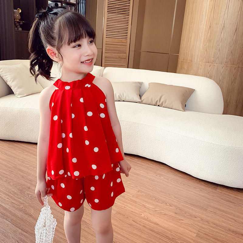 Girls' suit short-sleeved baby summer suit 2022 new foreign style children's chiffon summer children's loose two-piece suit