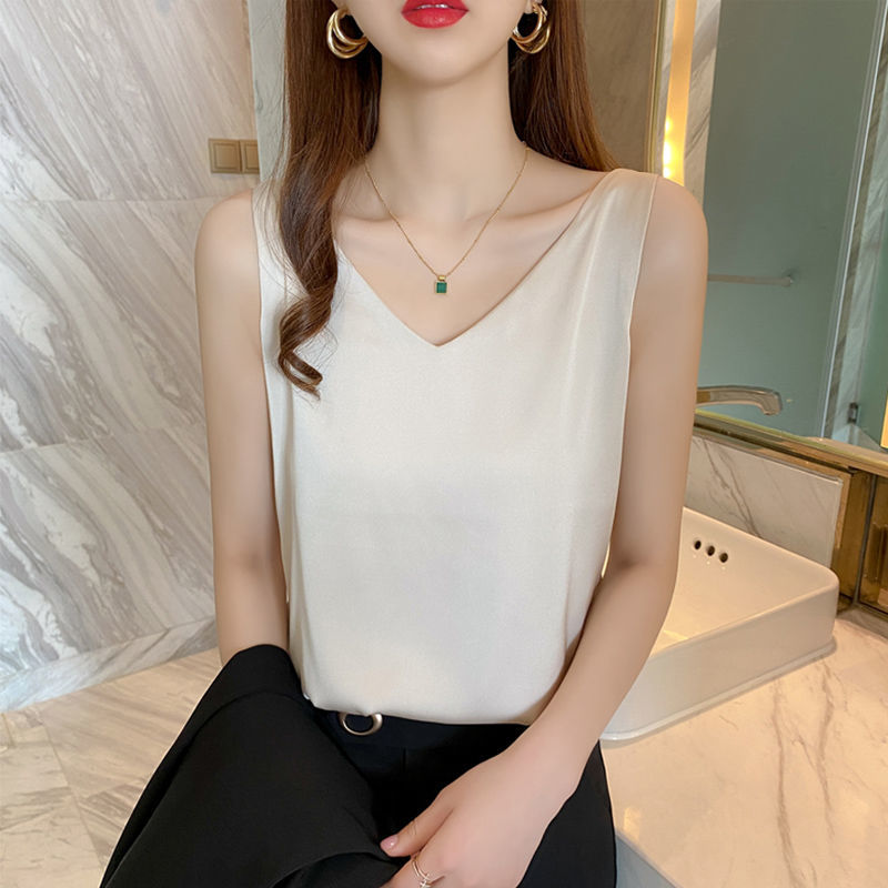 V領打底衫女春夏新款小香風氣質內搭小衫純色雪紡無袖吊帶背心女