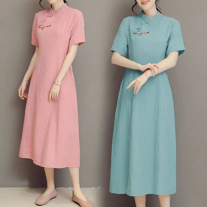 改良旗袍連衣裙女2022刺繡棉麻中長款寬鬆遮肚顯瘦文藝復古中國風