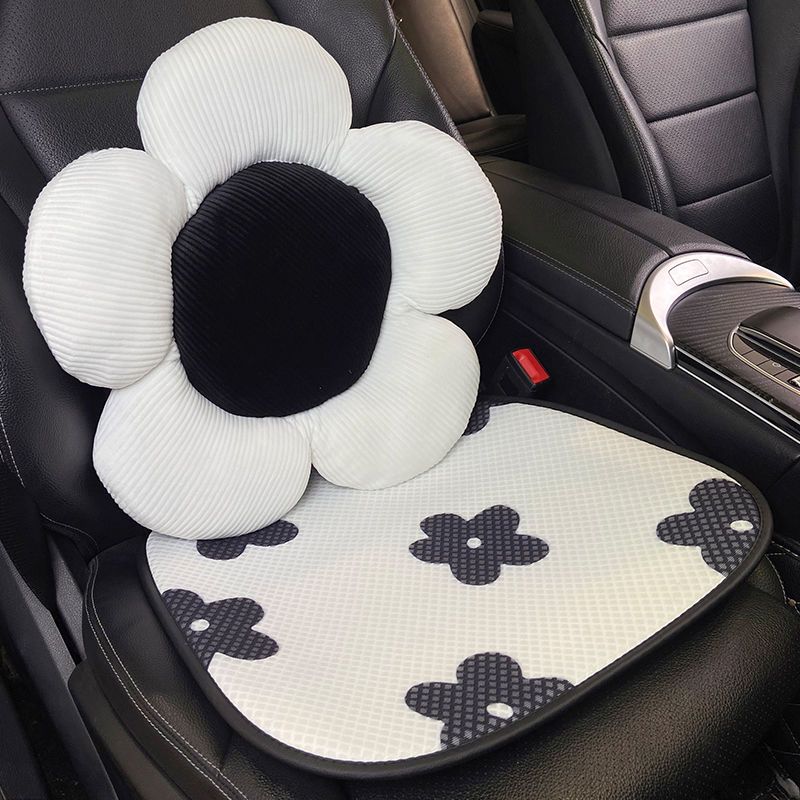 汽车坐垫创意黑白花朵网格透气防滑高档冰丝夏季款座垫车内饰品女