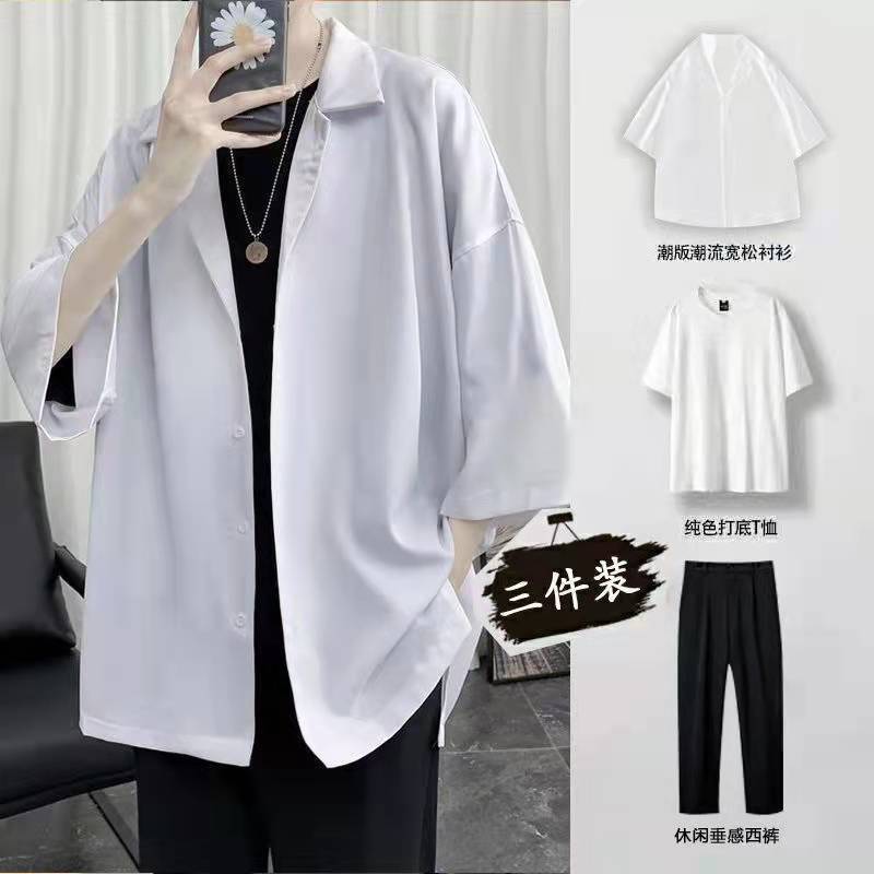 [Four-piece set] Summer short-sleeved shirt men's Korean version loose trendy handsome ins casual all-match thin jacket