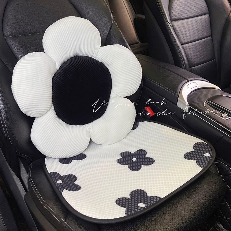 汽车坐垫创意黑白花朵网格透气防滑高档冰丝夏季款座垫车内饰品女