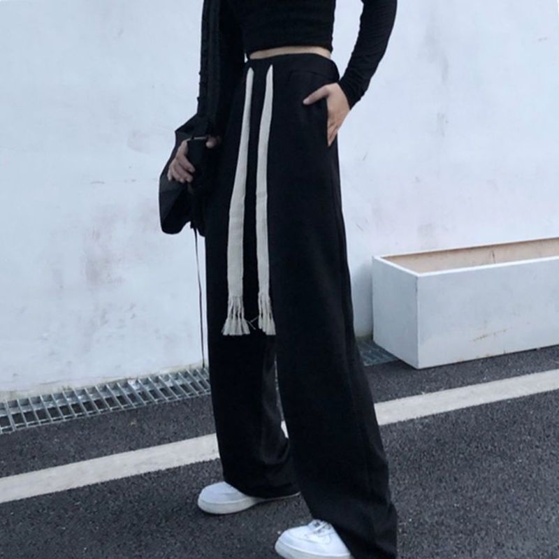 Black vertical straight-leg pants for women, high-waisted spring and autumn loose floor-length trousers, wide-leg slimming nine-point casual sports pants