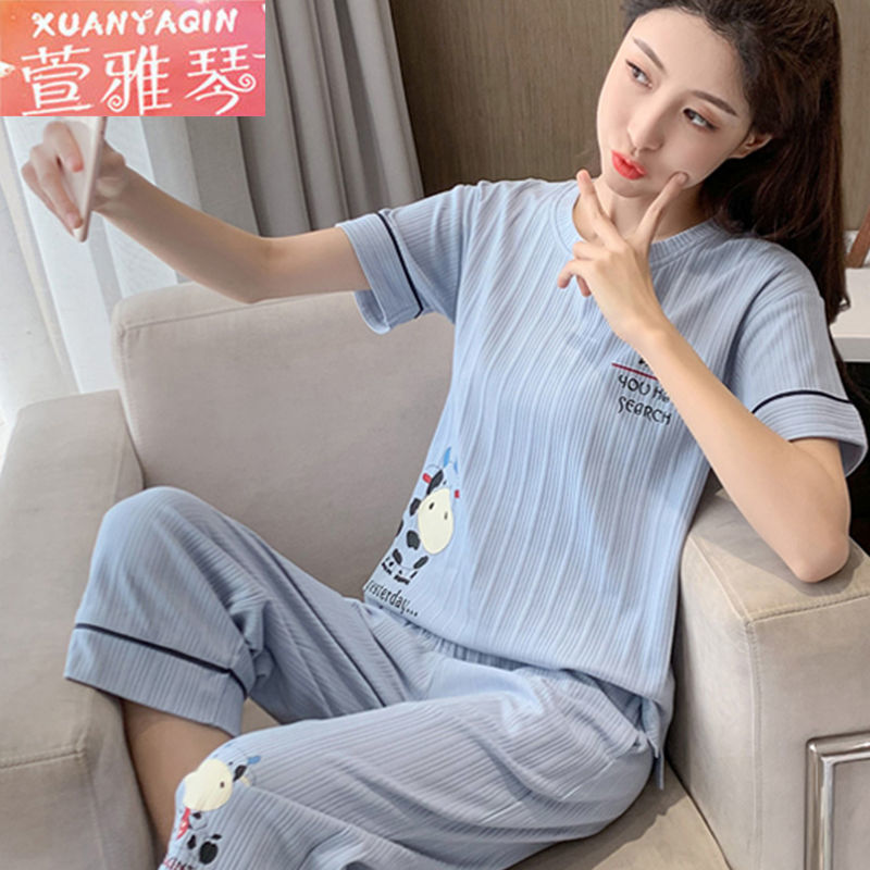 Pajamas women's summer short-sleeved cropped pants round neck loose student simple sweet lady plus size home service suit