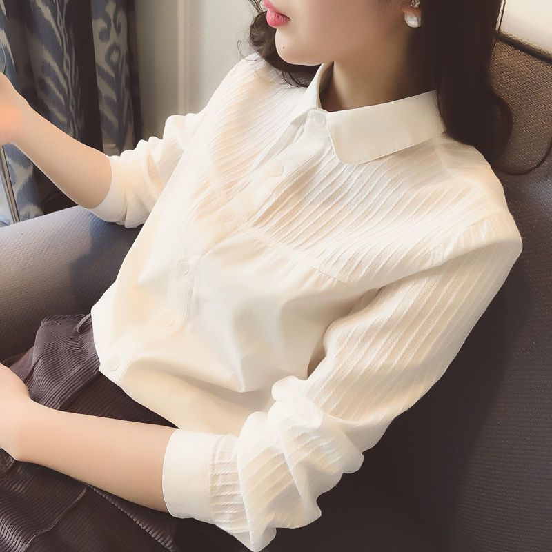 純棉白襯衫女春秋新款小香風氣質純色打底衫內搭外穿職業女裝襯衣