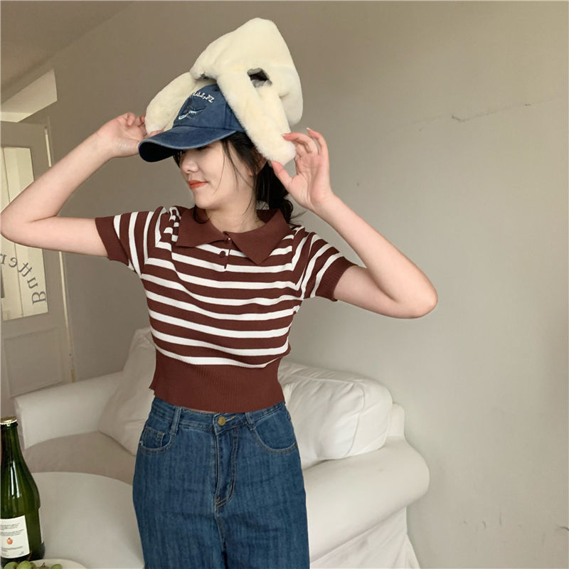 Short sleeve T-shirt spring new women's  foreign style age reduction coat Joker striped knitted bottoming shirt shirt