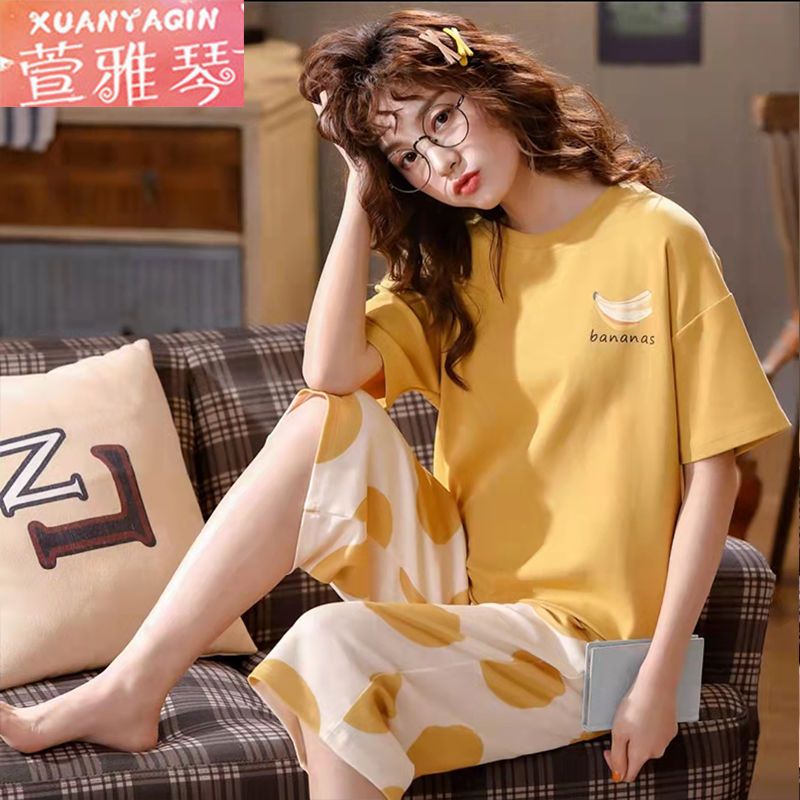 Pajamas women's summer new short-sleeved cropped pants sweet student dormitory loose version ladies large size home service suit