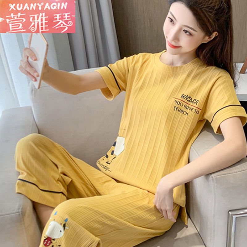 Pajamas women's summer new short-sleeved cropped pants sweet student dormitory loose version ladies large size home service suit