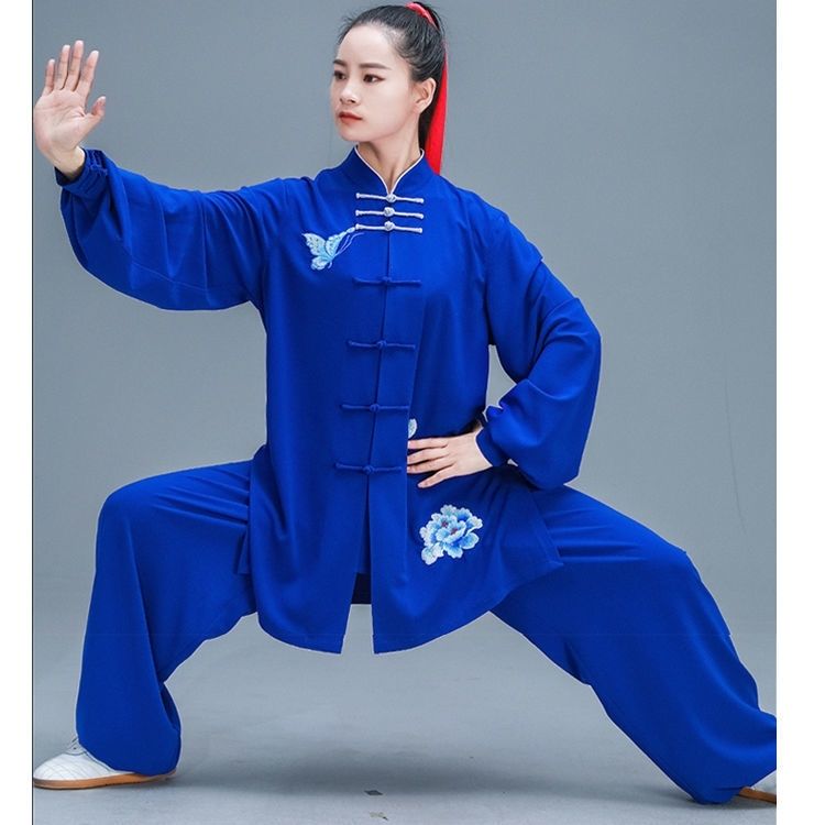 蝶恋花太极服女时尚新款飘逸刺绣太极拳表演比赛服春中长款宝蓝色