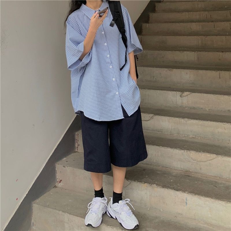 Short-sleeved plaid shirt female  summer new Japanese students loose and slightly fat small fresh casual half-sleeved top