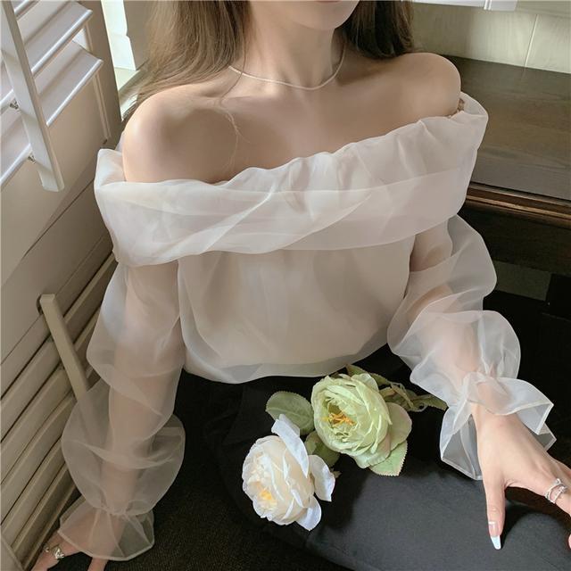 Sweet one-shoulder shirt women's high-end apricot top French niche design mesh long-sleeved shirt