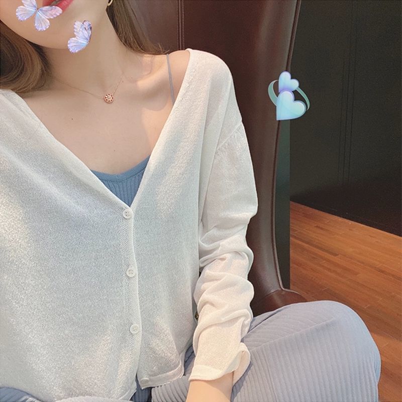 長袖冰絲防曬衣女2022短款百搭開衫外披肩搭配吊帶裙子夏薄空調衫