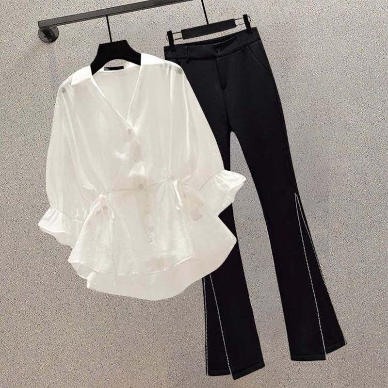 Slightly fat summer wear suit women  new age-reducing suspender shirt jacket casual pants large size three-piece suit