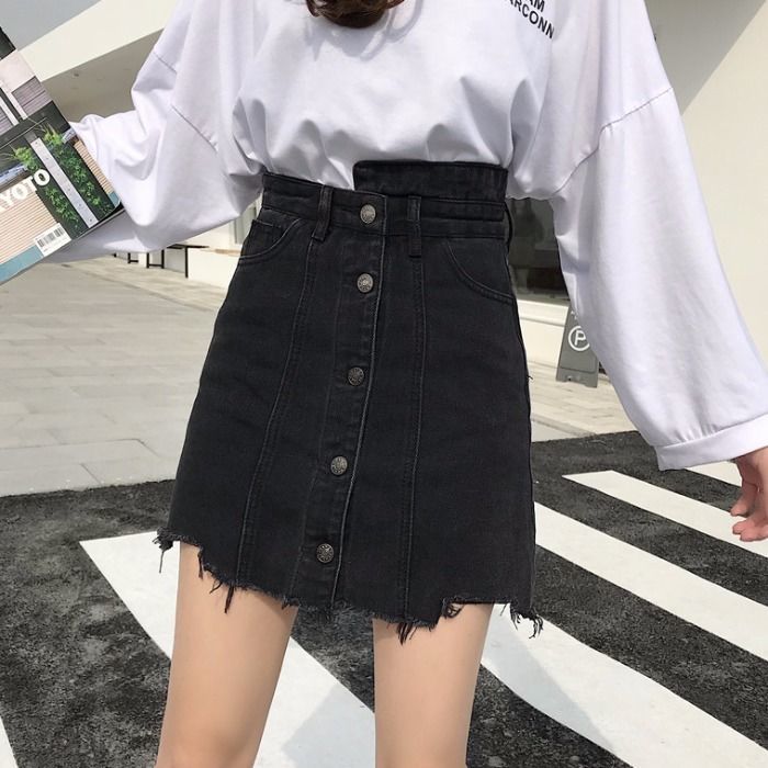 黑色不規則牛仔短裙女夏季新款大碼胖mm高腰顯瘦A字包臀半身裙子