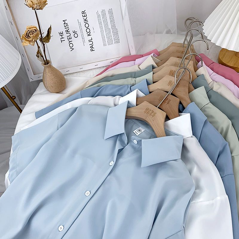 Elegant and elegant Morandi loose casual short-sleeved chiffon shirt women's summer design sense of outerwear all-match solid color top