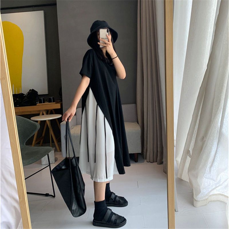 Fat MM Extra Large Size 300 Jin T-shirt Long Skirt Summer Loose Cover Belly Look Thin Stitching Contrast Color False Two-Piece Dress