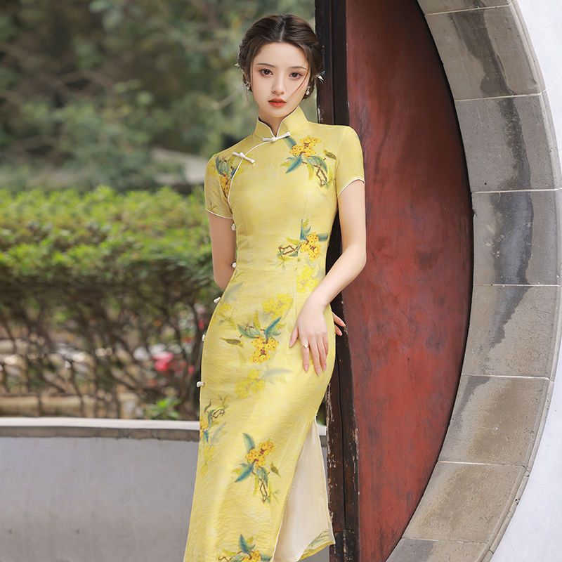 蘇州經典旗袍2023年新款女夏季年輕款蝕骨復古民國黃色長款中國風