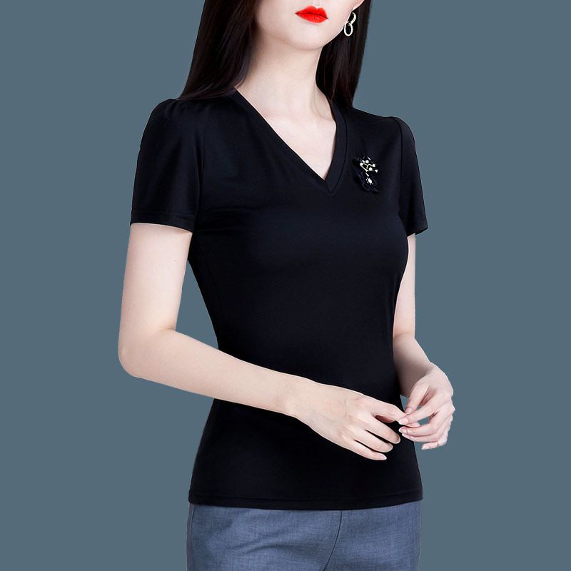 短袖T恤女秋裝2023新款V領修身上衣女秋季薄款百搭黑色洋氣小衫潮