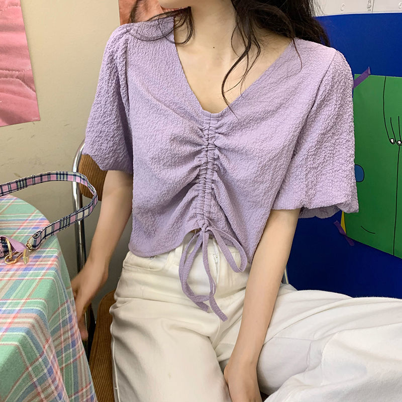 Short-sleeved design female niche ins trend v-neck summer tops women's casual drawstring salt shirt versatile short style